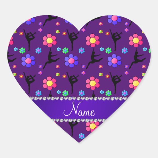 Aangepaste naam paarse gymnastiekbloemen hart sticker (Voorkant)