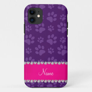 Aangepaste naam paarse hondenpoot drukt roze stree iPhone 11 hoesje
