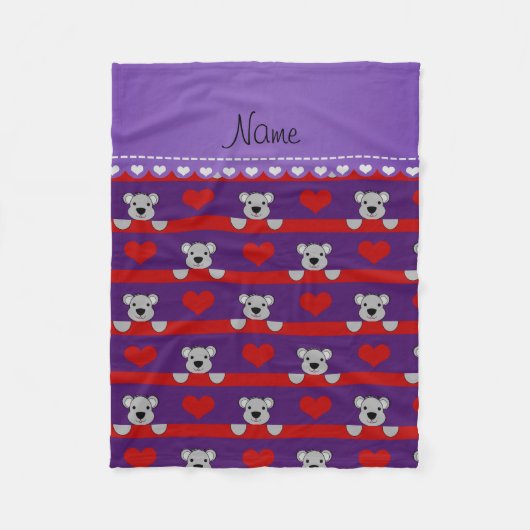Aangepaste naam paarse koalas rode hartenstrepen fleece deken (Voorkant)