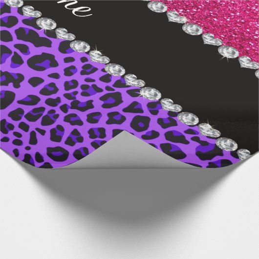 Aangepaste naam paarse leopard neon hot roze glitt cadeaupapier (Hoek)
