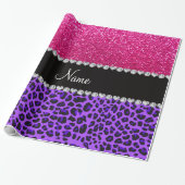 Aangepaste naam paarse leopard neon hot roze glitt cadeaupapier (Uitgerold)