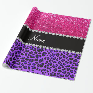Aangepaste naam paarse leopard neon hot roze glitt cadeaupapier