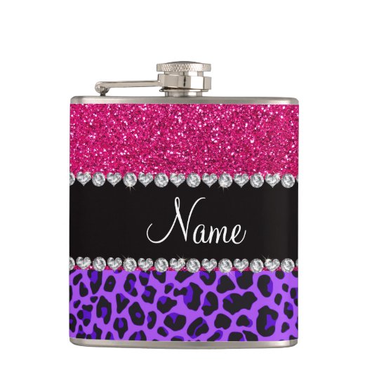 Aangepaste naam paarse leopard neon hot roze glitt heupfles (Voorkant)