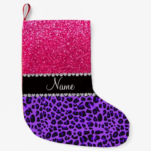 Aangepaste naam paarse leopard neon hot roze glitt kleine kerstsok (Voorkant)