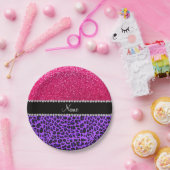 Aangepaste naam paarse leopard neon hot roze glitt papieren bordje (Feest)