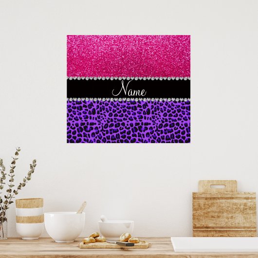 Aangepaste naam paarse leopard neon hot roze glitt poster (Keuken)