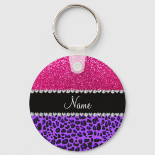 Aangepaste naam paarse leopard neon hot roze glitt sleutelhanger