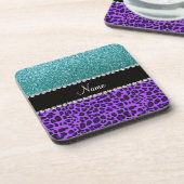 Aangepaste naam paarse leopard turquoise glitter onderzetter (Linkerzijde)