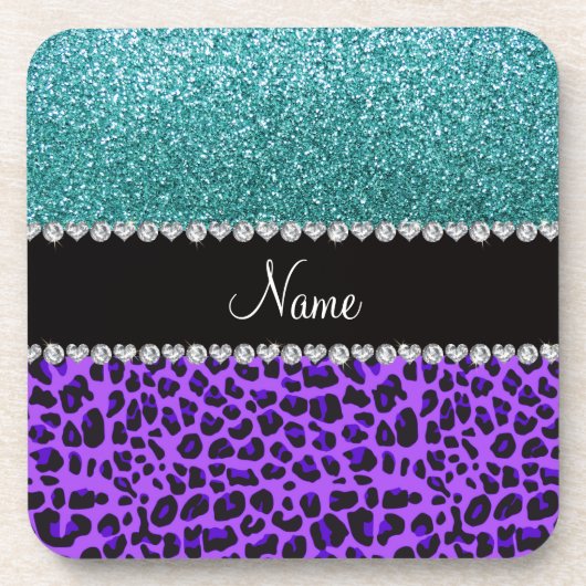 Aangepaste naam paarse leopard turquoise glitter onderzetter (Voorkant)