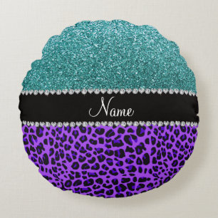 Aangepaste naam paarse leopard turquoise glitter rond kussen