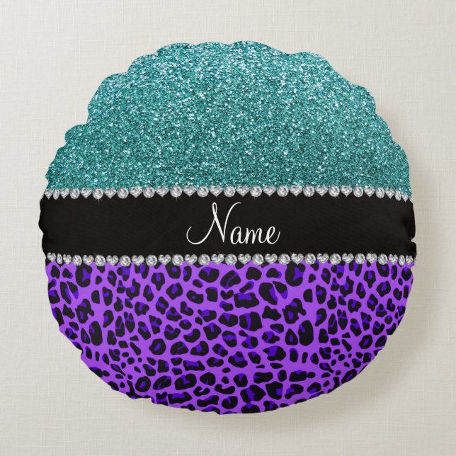 Aangepaste naam paarse leopard turquoise glitter rond kussen (Voorkant)