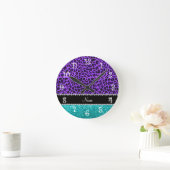 Aangepaste naam paarse leopard turquoise glitter ronde klok (Huis)