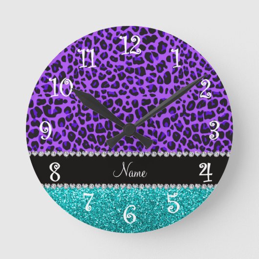 Aangepaste naam paarse leopard turquoise glitter ronde klok (Voorkant)