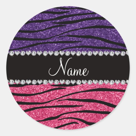 Aangepaste naam paarse roze glitter zebra stripe ronde sticker (Voorkant)
