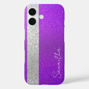 Aangepaste naam Paarse & Silver Glitter iPhone 16 Hoesje