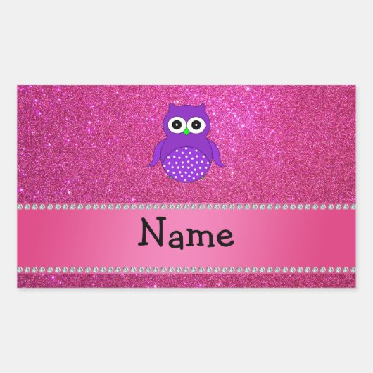 Aangepaste naam paarse uil roze glitter rechthoekige sticker (Voorkant)