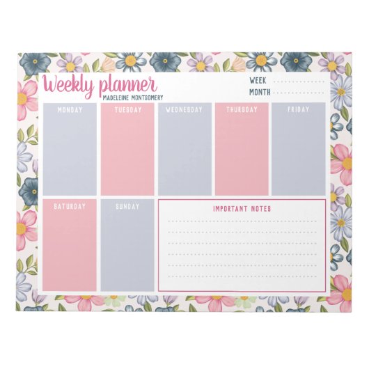 Aangepaste naam Pastel Floral Weekly Planner Notitieblok (Voorkant)