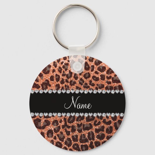 Aangepaste naam pastel oranje glitter leopard prin sleutelhanger (Voorkant)