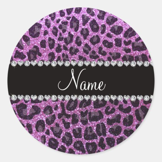 Aangepaste naam pastel paarse glitter leopard prin ronde sticker (Voorkant)