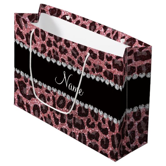 Aangepaste naam pastel roze glitter leopard print groot cadeauzakje (Voorkant Gekanteld)