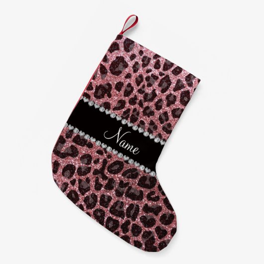 Aangepaste naam pastel roze glitter leopard print kleine kerstsok (Voorkant (Hangend))