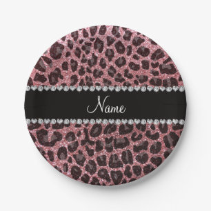 Aangepaste naam pastel roze glitter leopard print papieren bordje