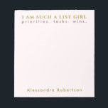 Aangepaste naam Pastel Roze Goud Typografie Minima Notitieblok<br><div class="desc">Elegante stijlvolle chique minimalistische premium look gepersonaliseerd notitieblok voor de unapologetic list maker. Delicate pastel roze vrouwelijke girly achtergrond en stijlvolle gouden typografie. Voeg jouw naam en aangepaste tekst toe, bijvoorbeeld de zin I AM such a list girl die bij sommigen van ons zo goed resoneert. We willen georganiseerd zijn...</div>