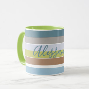 Aangepaste naam Pastel Stripes Minimalistisch Blau Mok