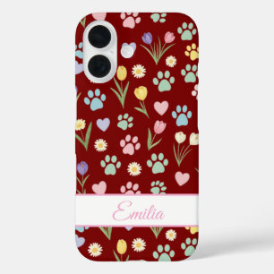 Aangepaste naam Paw Print & Hearts Telefoonhoesje iPhone 16 Hoesje