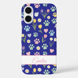 Aangepaste naam Paw Print & Hearts Telefoonhoesje iPhone 16 Hoesje