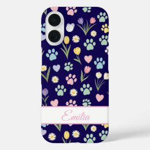Aangepaste naam Paw Print & Hearts Telefoonhoesje iPhone 16 Hoesje
