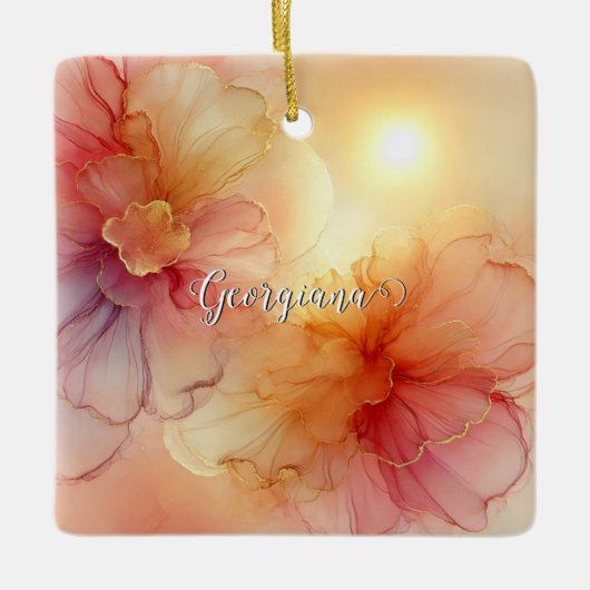 Aangepaste Naam Peach Raspberry Bloemen Alcohol In Keramisch Ornament (Voorkant)