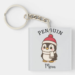 Aangepaste Naam "Penguin Mom" Rood Wit Zwart Sleutelhanger