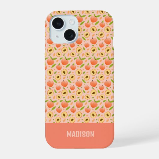 Aangepaste naam perzikpatroon iPhone 15 case (Achterkant)