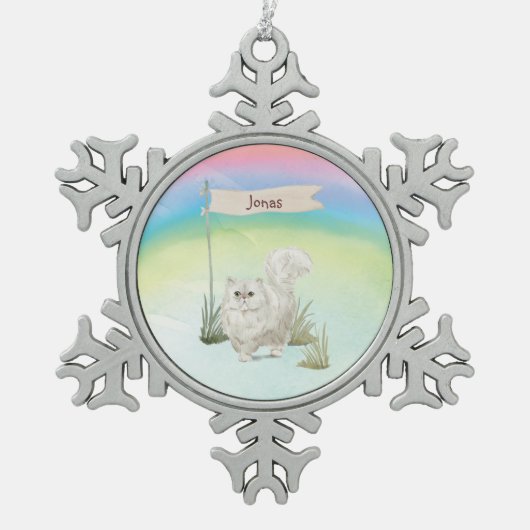 Aangepaste naam Perzisch Kat Pet Tin Sneeuwvlok Ornament (Voorkant)