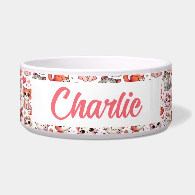 Aangepaste Naam Pet Bowl met Cat Pattern Decor Voerbakje (Voorkant)