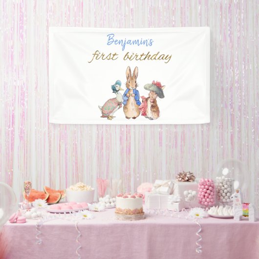 Aangepaste Naam Peter het Konijn Eerste Verjaardag Spandoek (Feest)