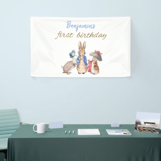 Aangepaste Naam Peter het Konijn Eerste Verjaardag Spandoek (Beurs)