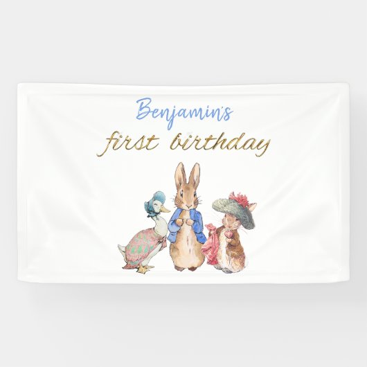 Aangepaste Naam Peter het Konijn Eerste Verjaardag Spandoek (Horizontaal)