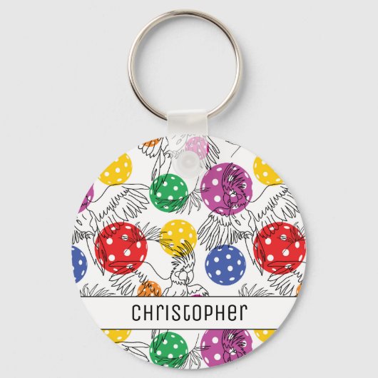 Aangepaste naam, Pickleball met 🦜 papegaaien, wit Sleutelhanger (Voorkant)