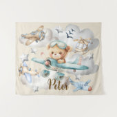 Aangepaste Naam Pilot Teddy Bear Achtergrond Wandkleed (Voorkant (horizontaal))