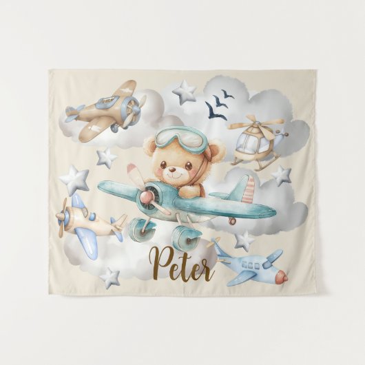 Aangepaste Naam Pilot Teddy Bear Achtergrond Wandkleed (Voorkant (horizontaal))