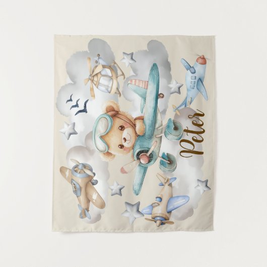 Aangepaste Naam Pilot Teddy Bear Achtergrond Wandkleed (Voorkant)