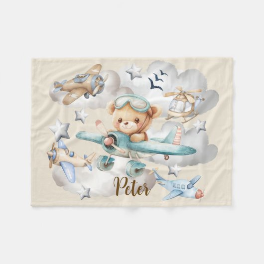 Aangepaste naam Pilot Teddy Bear Fleece Deken (Voorkant (Horizontaal))