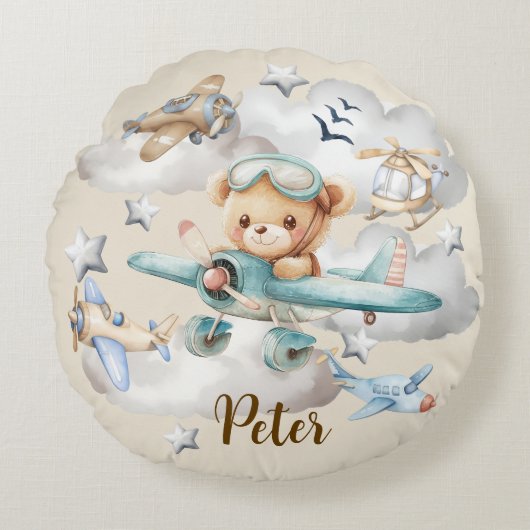 Aangepaste naam Pilot Teddy Bear Rond Kussen (Voorkant)