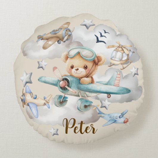 Aangepaste naam Pilot Teddy Bear Rond Kussen (Achterkant)