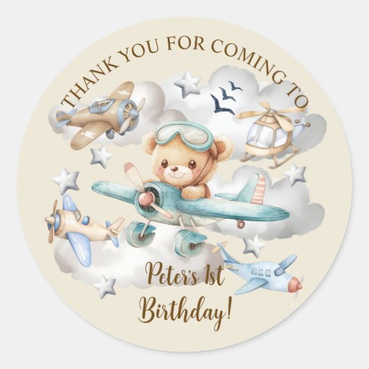 Aangepaste Naam Pilot Teddy Bear Verjaardagsfeest Ronde Sticker (Voorkant)