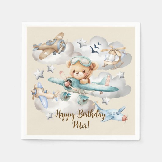 Aangepaste Naam Pilot Teddy Bear Verjaardagsfeest Servet (Voorkant)