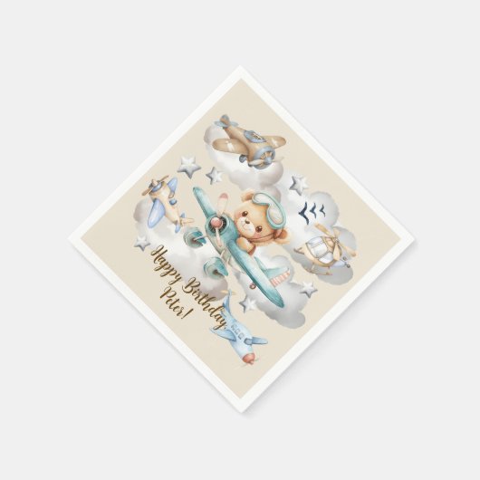 Aangepaste Naam Pilot Teddy Bear Verjaardagsfeest Servet (Hoek)
