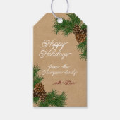 Aangepaste naam Pinecones Pine Branches Kraft Holi Cadeaulabel (Voorkant)